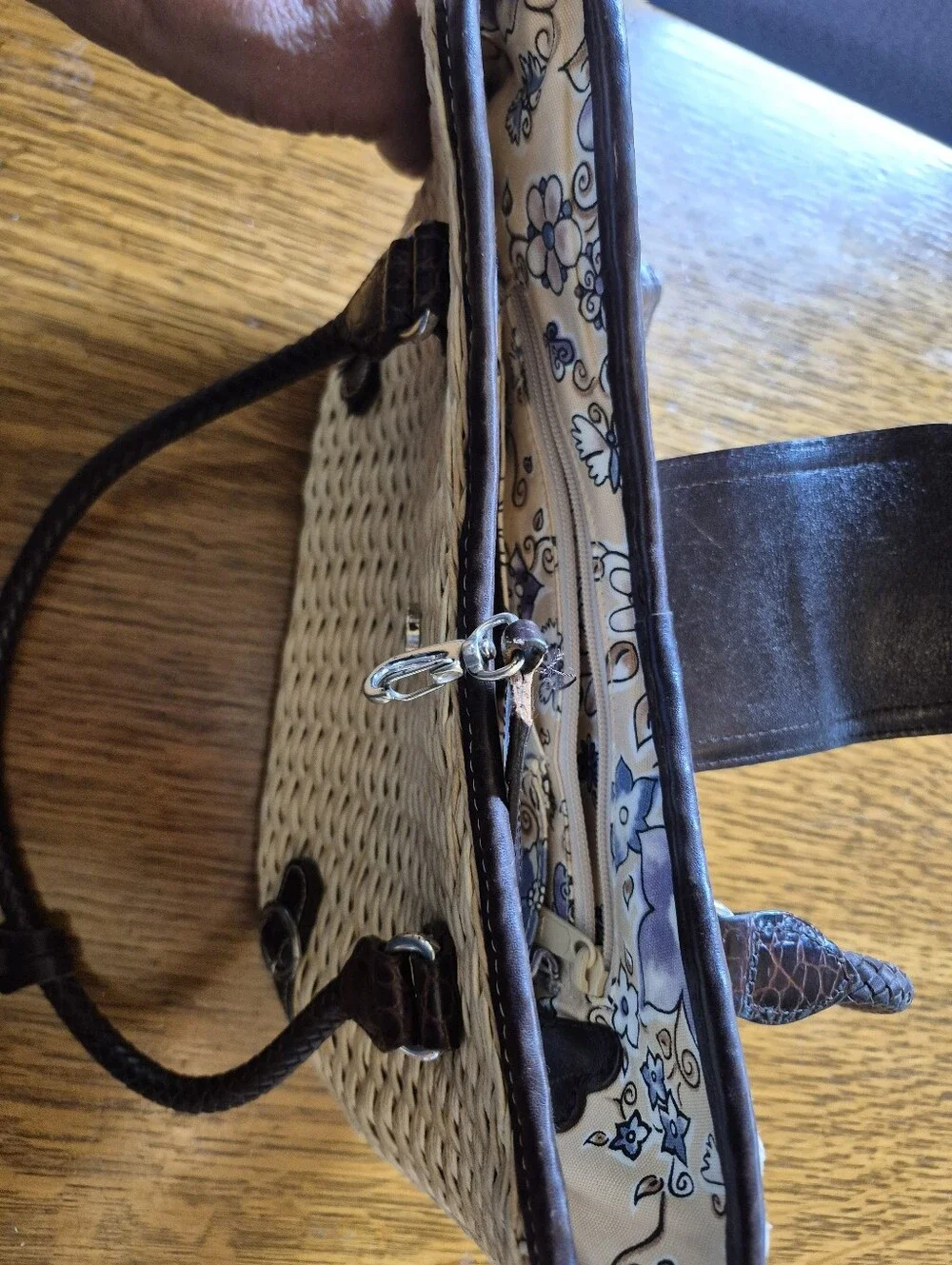 BRIGHTON woven Straw Tote Handbag with Dark Brown Croc-Trim